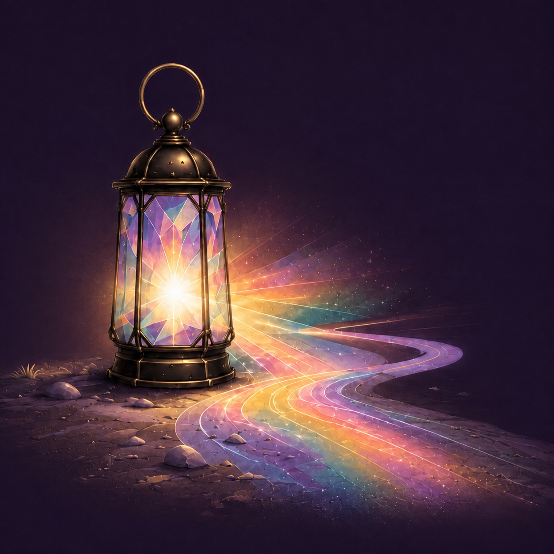 A stained-glass lantern illuminating a colorful path